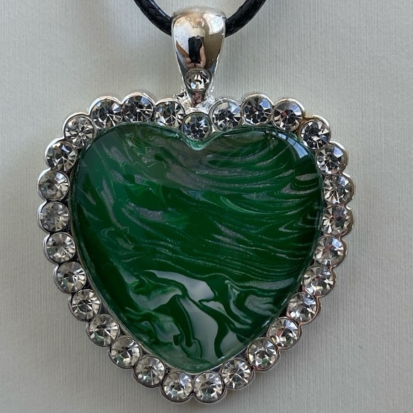 Handmade Green Heart Fluid Art Necklace with Rhinestone Border on Black Cord - Picture 5 of 15